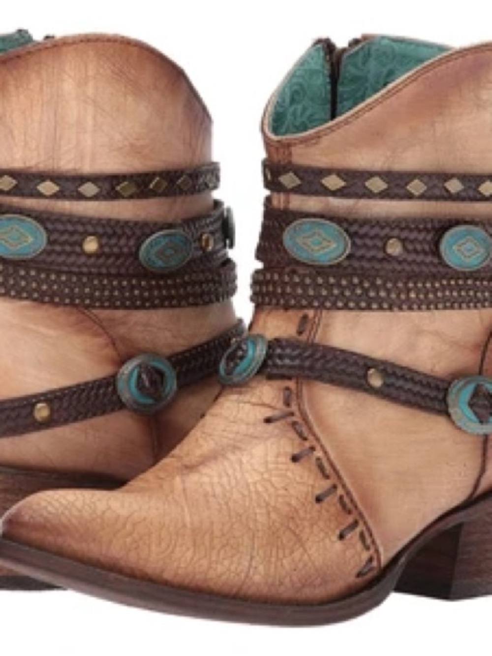 Tan Embellished Ankle Boots with Turquoise Accents